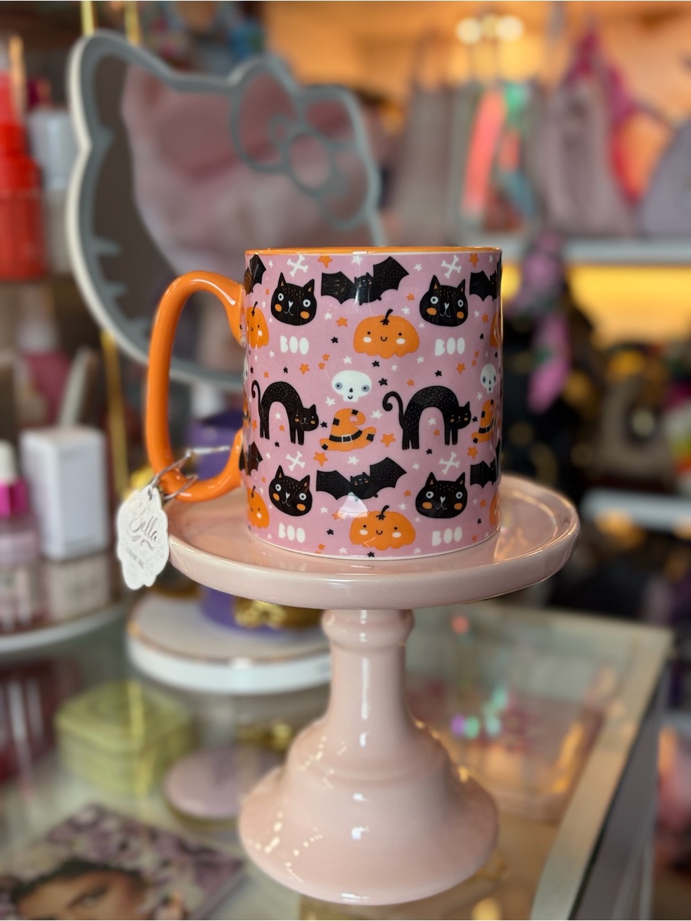 Pink Halloween Cat & Pumpkin Mug with Orange Handle
